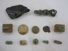 Collection of Egyptian amulets, faience and others, a wooden scarab beetle carved lid and five