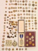 UK proof set of coins, loose coins, buttons, compass and a silver masonic medal