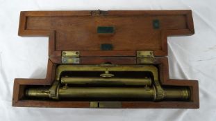 Brass theodolite telescope, 25cm, in mahogany case