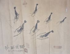 Three original 19th Century Chinese hand-painted pictures depicting shrimp, signed and stamped by