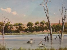 20th century school Oil on canvas  Two pelicans on a river, signed indistinctly lower left, 45cm x