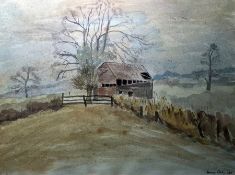 Diana Corbett (20th century school) Watercolour  Derelict barn in countryside, signed lower right