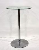 Modern circular glass-topped breakfast bar table on chrome single pedestal support, 65cm diameter