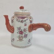 Chinese style porcelain coffee pot and cover, cylindrical with floral and hatched decoration,