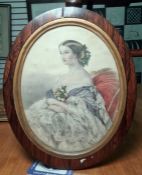 Victorian coloured mezzotint of a seated lady with flowers in her hair and on her dress, oval, in