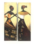 Pair of modern painted plaster on canvas of abstract figures with stylised border, 80cm x 30cm and a