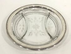 Canadian cut glass and sterling silver-mounted hors d'oeuvres dish, circular and floral etched, 26cm