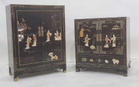 Two modern side cabinets in the Chinese taste, black ground with polished stone decoration (2) gloss