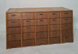20th century oak filing chest of 25 assorted drawers, 121cm x 61cm