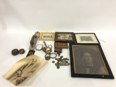 Small pair Georgian brass nutcrackers, an olive wood bound souvenir book of Holy Land containing