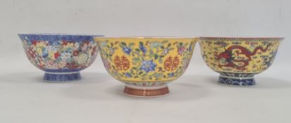 Set of three contemporary Chinese porcelain bowls, two with yellow ground and one with all-over