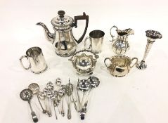 EPNS baluster coffee pot with gadrooned borders, EPNS baluster cream jug, spill vase, sugar basket