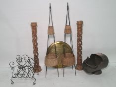 Assorted items to include coal scuttle, floor standing candle holders, magazine rack, etc (7)