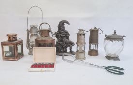 Copper ship's port light, quadrant-shaped, various miner's and other lamps, Mr Punch cast iron