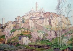 Freda Marston (1895-1949) Watercolour Continental hillside town with abbey, signed lower left,