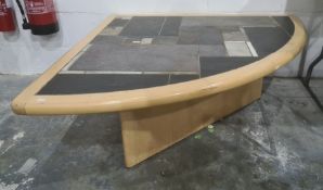 Slate-top corner coffee table on beech base, top 158cm at widest