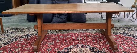 20th century oak dining table with rectangular top, on trestle-style base, top 214.5cm x 97.5cm