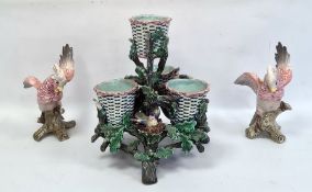 Lonitz majolica centrepiece depicting four baskets, bird's nests among branches, marked to base