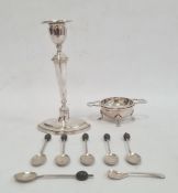 Set of six George V silver bean topped coffee spoons, small EPNS candlestick and an EPNS tea