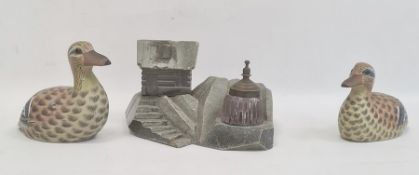 Grey hardstone carved inkstand with metal-mounted removable glass inkwell, in the form of house