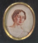 Early 20th century Watercolour miniature on ivory Head and shoulders portrait of a young lady in