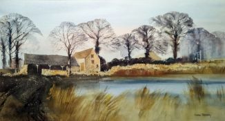 G John Blockley (1921-2002) Watercolour drawing Cotswold building with stone barn beside river,