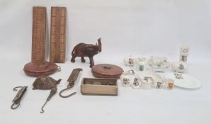 Small quantity Goss and other crested china, two old surveyors tapes, leather-bound, two old brass-