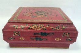 Chinese lacquer dowry box and cover, square, with exotic bird on peony branches to the cover, 42cm