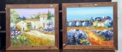 Two modern prints on canvas One in two parts of tree in misty sunrise, the other a sea and