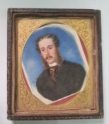 19th century school Watercolour on ivory Head and shoulders portrait of a gentleman in clack suit,