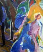 20th century school  Oil on canvas  Abstract scene of figures, initialled 'IK' lower left, with