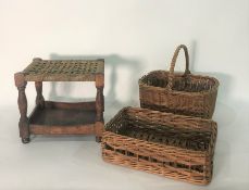 Assorted wicker baskets, table lamps and small stool