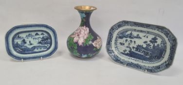 Antique Chinese export porcelain oblong dish with lakeside landscape decoration in blue, 25cm