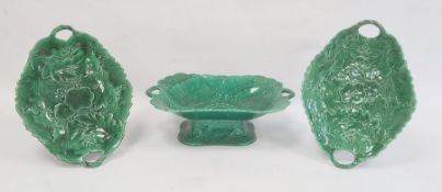 Wedgwood green majolica leaf and basket pattern two-handled rectangular comport and a pair of