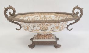 Reproduction gilt metal mounted porcelain pedestal bowl with scroll handles, shaped oval,