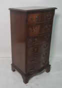 20th century mahogany serpentine-fronted narrow chest of six drawers, on bracket feet, 47cm x 83cm