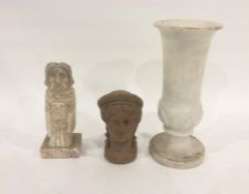 Tall alabaster footed vase with flared rim, stylised leaf carved body, 33cm high, alabaster carved