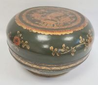 Chinese lacquered wood dowry box and cover, circular, green ground with gilt floral decoration, 34cm