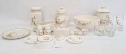 Assorted tablewares marked Harvest 1418 and matching glasswares (1 shelf)