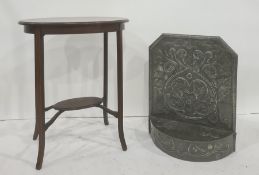 Pewter firescreen with foliate decoration to the rectangular back, with canted top corners, demi-