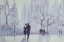 JMP  Colour print Parisian street scene with figures, printed lower right, 59cm x 90cm