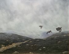 Michael Sawdy  Oil on canvas Grouse in flight over moorland, signed upper left, 29.5cm x 59cm
