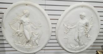 Pair classical oval plaster reliefs, one with Venus and Cupid and the other with male figure, 83cm