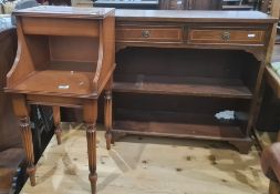 Oak framed chair, a bedside table and a mahogany bookcase together with two stickback chairs (5)
