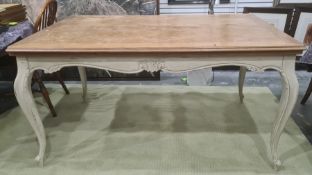 French-style dining table, the rectangular top with rounded corners, cream painted base with