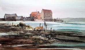 G John Blockley (1921-2002) Watercolour drawing Coastal scene, beached rowing boat and buildings,