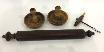 Old mahogany rolling pin with turned end handles, pair Jerusalem olivewood travelling