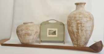 Large indigenous carved hardwood ladle, 145cm wide, two graduated simulated terracotta papier-