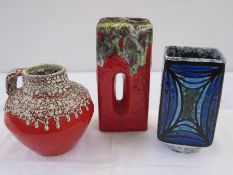 ES Keramik Emons & Sohne fat lava jug, red and white glaze, circa 1970's, 15.5cm high, Strehla
