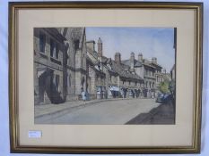 E W Moy (20th century school) Watercolours Two street scenes, possible Winchcombe and a fishing